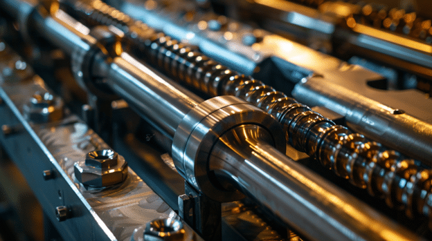 Close-up view of precision-machined components in a niche machining manufacturer, showcasing intricately designed metal parts and gears, highlighting the technical expertise and high-quality manufacturing processes involved.