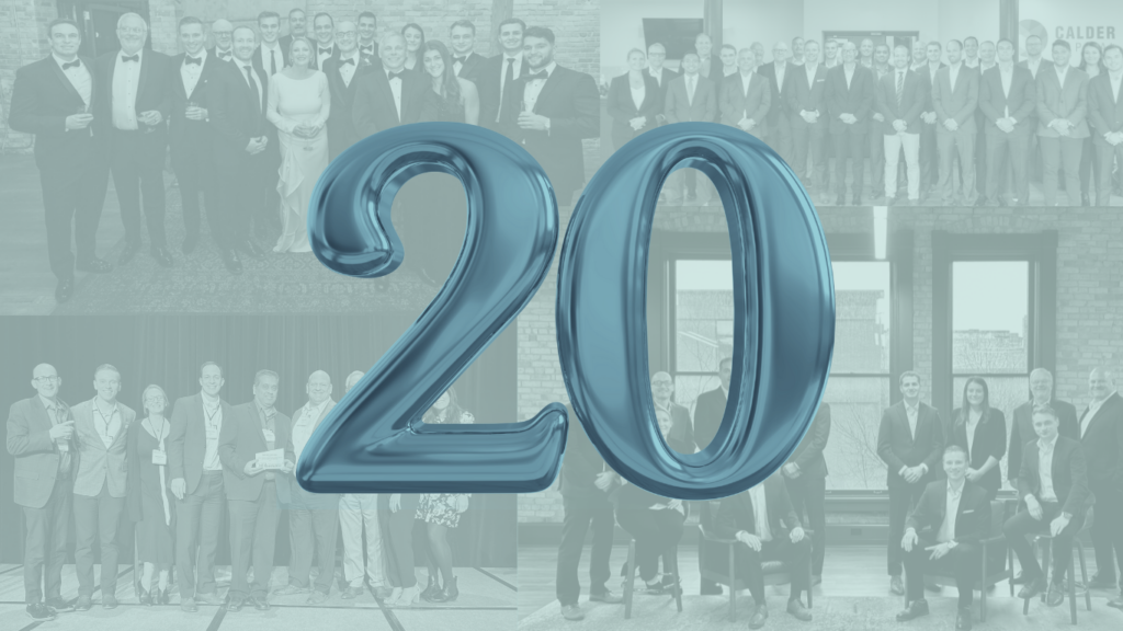 The image features a large, glossy blue number "20" prominently displayed in the center. In the background, there are various grayscale photos of groups of people, all dressed in formal or business attire, indicating a professional or celebratory event.